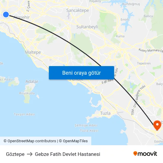 Göztepe to Gebze Fatih Devlet Hastanesi map