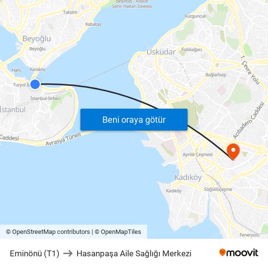 Eminönü (T1) to Hasanpaşa Aile Sağlığı Merkezi map