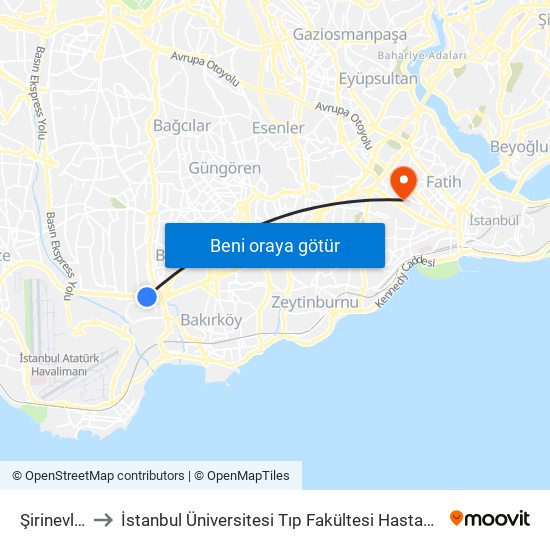 Şirinevler to İstanbul Üniversitesi Tıp Fakültesi Hastanesi map