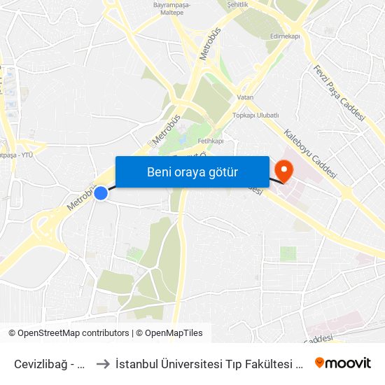 Cevizlibağ - A.Ö.Y. to İstanbul Üniversitesi Tıp Fakültesi Hastanesi map