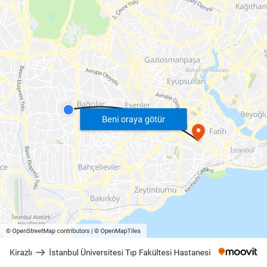 Kirazlı to İstanbul Üniversitesi Tıp Fakültesi Hastanesi map