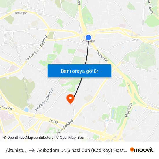 Altunizade to Acıbadem Dr. Şinasi Can (Kadıköy) Hastanesi map