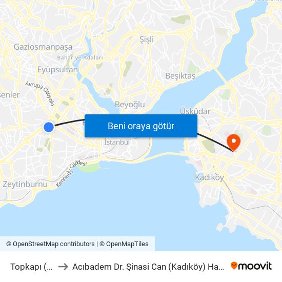 Topkapı (T1) to Acıbadem Dr. Şinasi Can (Kadıköy) Hastanesi map