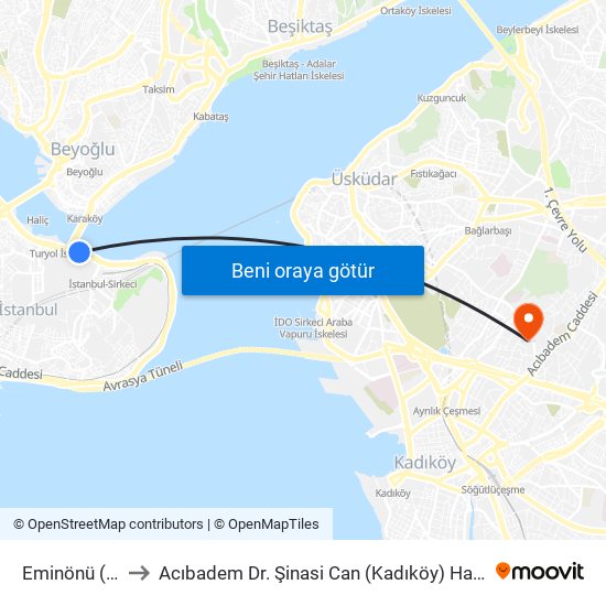 Eminönü (T1) to Acıbadem Dr. Şinasi Can (Kadıköy) Hastanesi map