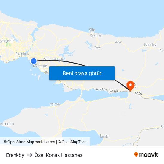 Erenköy to Özel Konak Hastanesi map