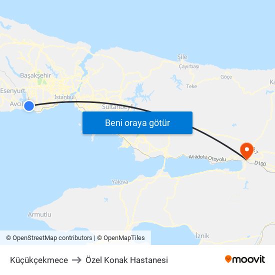 Küçükçekmece to Özel Konak Hastanesi map