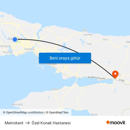 Metrokent to Özel Konak Hastanesi map