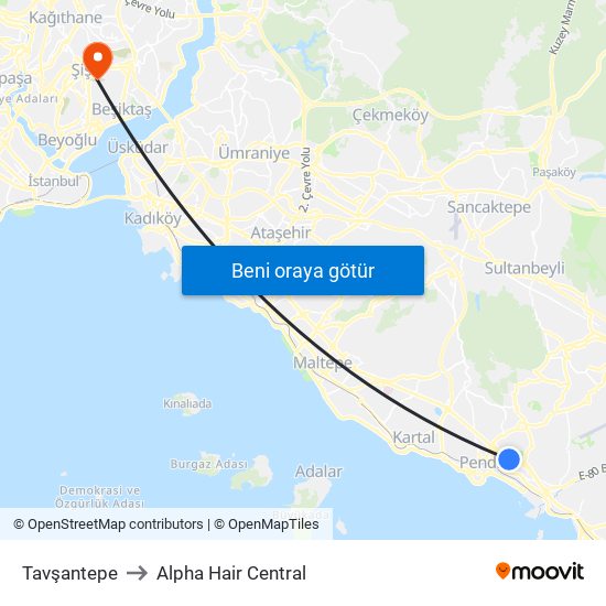 Tavşantepe to Alpha Hair Central map