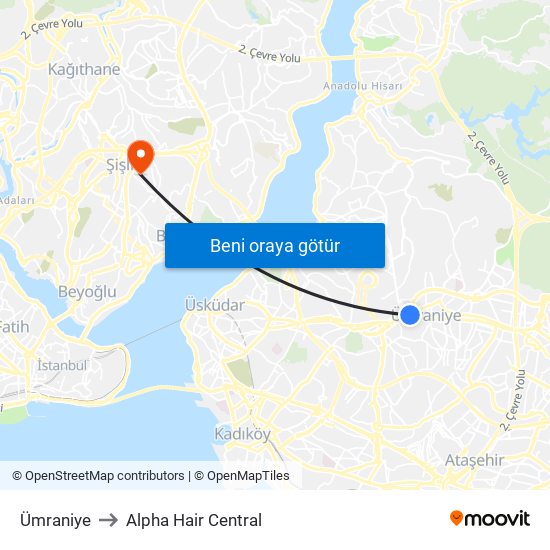Ümraniye to Alpha Hair Central map