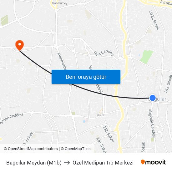 Bağcılar Meydan (M1b) to Özel Medipan Tıp Merkezi map