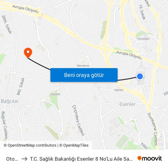 Otogar to T.C. Sağlık Bakanlığı Esenler 8 No'Lu Aile Sağlığı Merkezi map