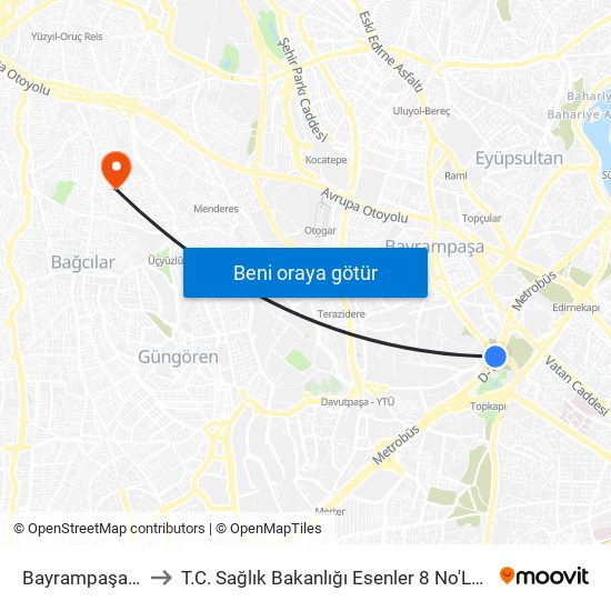 Bayrampaşa-Maltepe to T.C. Sağlık Bakanlığı Esenler 8 No'Lu Aile Sağlığı Merkezi map