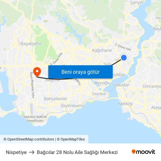 Nispetiye to Bağcılar 28 Nolu Aile Sağlığı Merkezi map