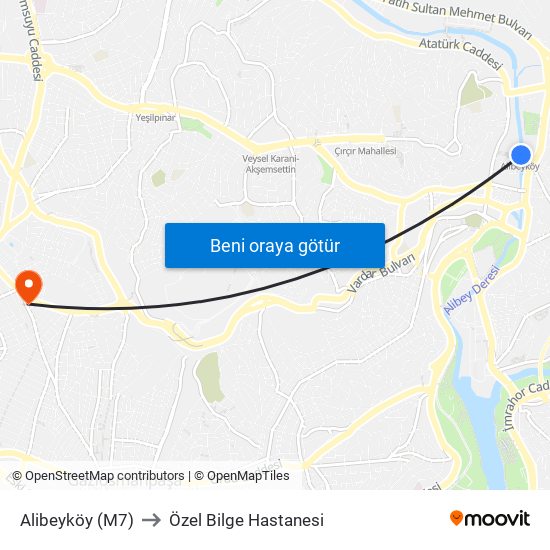 Alibeyköy (M7) to Özel Bilge Hastanesi map