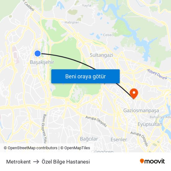 Metrokent to Özel Bilge Hastanesi map