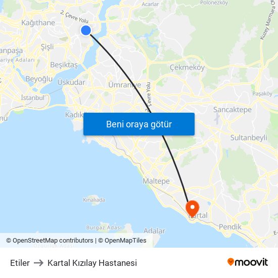 Etiler to Kartal Kızılay Hastanesi map