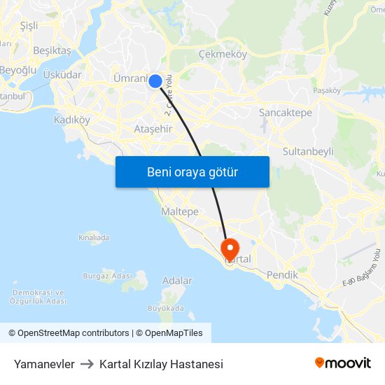 Yamanevler to Kartal Kızılay Hastanesi map