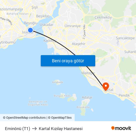 Eminönü (T1) to Kartal Kızılay Hastanesi map