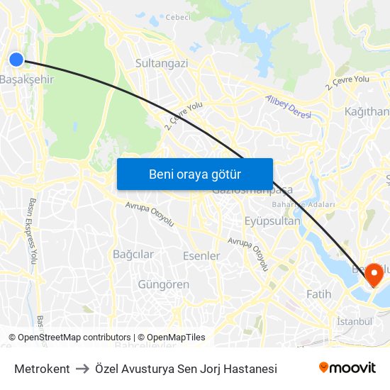 Metrokent to Özel Avusturya Sen Jorj Hastanesi map