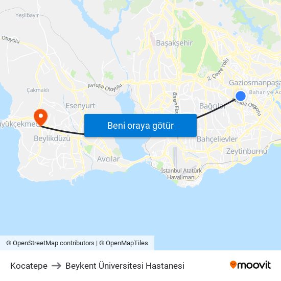 Kocatepe to Beykent Üniversitesi Hastanesi map