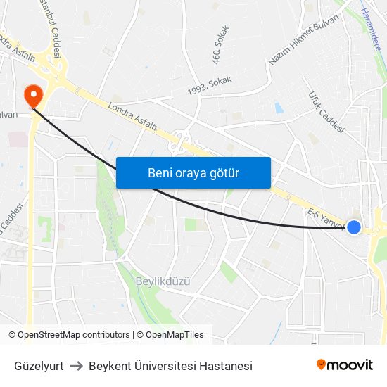 Güzelyurt to Beykent Üniversitesi Hastanesi map