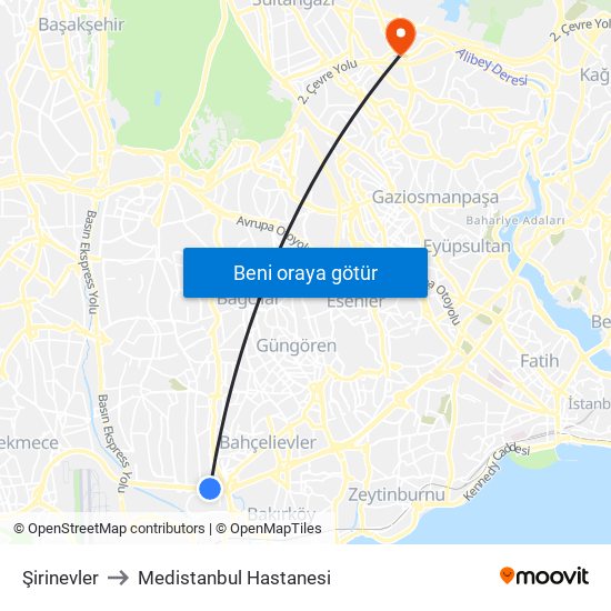 Şirinevler to Medistanbul Hastanesi map