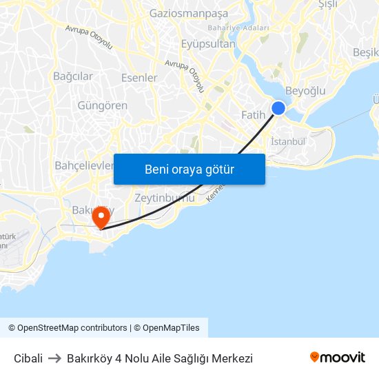 Cibali to Bakırköy 4 Nolu Aile Sağlığı Merkezi map