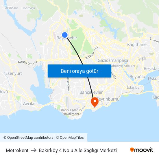 Metrokent to Bakırköy 4 Nolu Aile Sağlığı Merkezi map