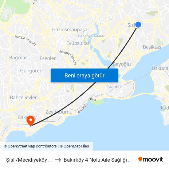 Şişli/Mecidiyeköy (M2) to Bakırköy 4 Nolu Aile Sağlığı Merkezi map