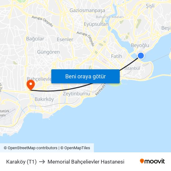 Karaköy (T1) to Memorial Bahçelievler Hastanesi map