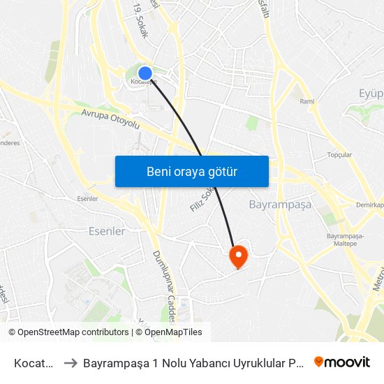 Kocatepe to Bayrampaşa 1 Nolu Yabancı Uyruklular Polikliniği map