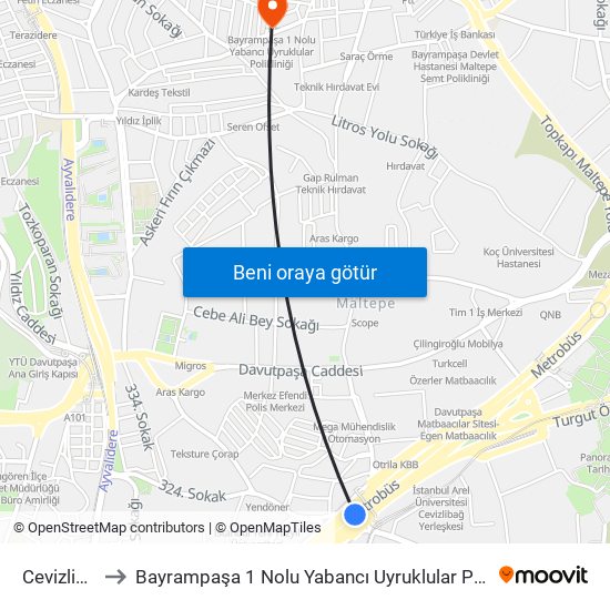 Cevizlibağ to Bayrampaşa 1 Nolu Yabancı Uyruklular Polikliniği map