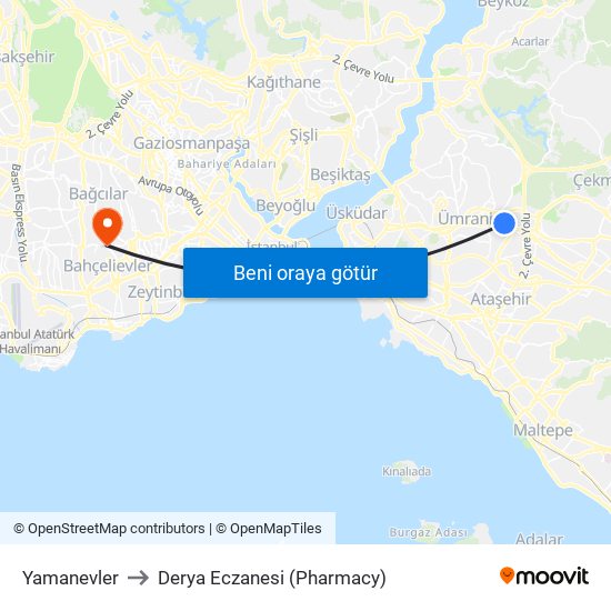 Yamanevler to Derya Eczanesi (Pharmacy) map