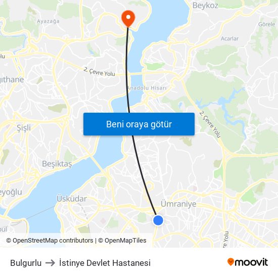 Bulgurlu to İstinye Devlet Hastanesi map