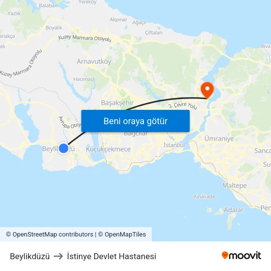 Beylikdüzü to İstinye Devlet Hastanesi map