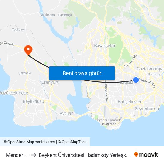 Menderes to Beykent Üniversitesi Hadımköy Yerleşkesi map
