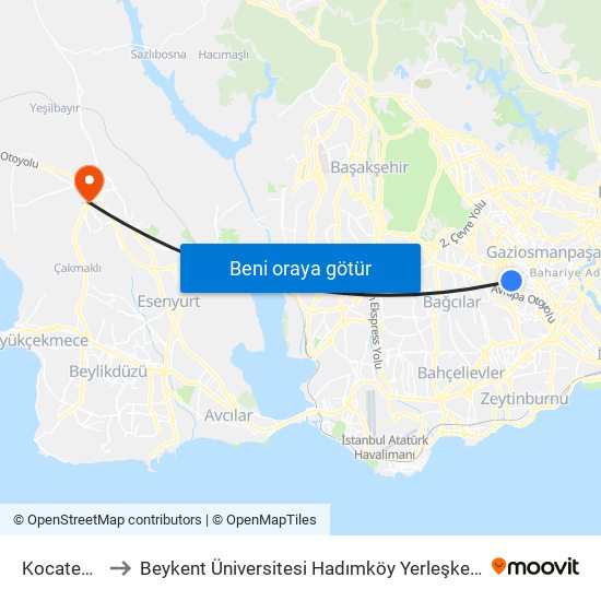 Kocatepe to Beykent Üniversitesi Hadımköy Yerleşkesi map