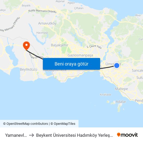 Yamanevler to Beykent Üniversitesi Hadımköy Yerleşkesi map