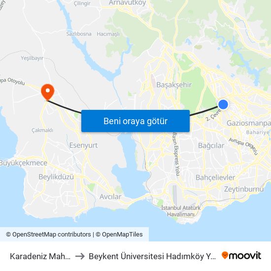 Karadeniz Mahallesi to Beykent Üniversitesi Hadımköy Yerleşkesi map