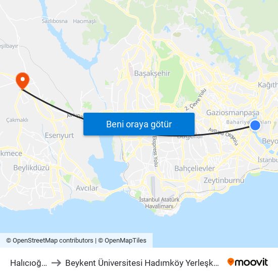 Halıcıoğlu to Beykent Üniversitesi Hadımköy Yerleşkesi map