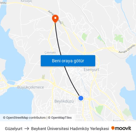 Güzelyurt to Beykent Üniversitesi Hadımköy Yerleşkesi map