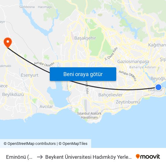 Eminönü (T1) to Beykent Üniversitesi Hadımköy Yerleşkesi map