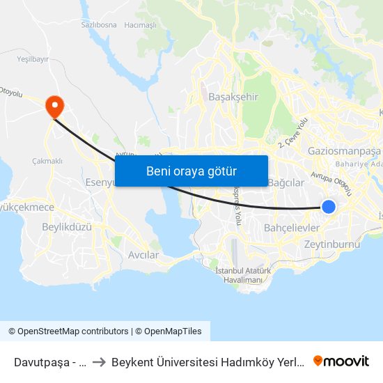 Davutpaşa - Ytü to Beykent Üniversitesi Hadımköy Yerleşkesi map