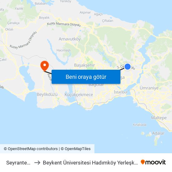 Seyrantepe to Beykent Üniversitesi Hadımköy Yerleşkesi map