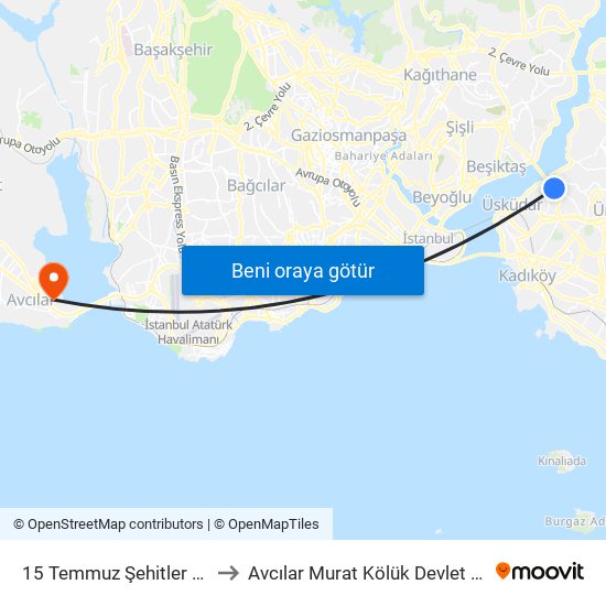 15 Temmuz Şehitler Köprüsü to Avcılar Murat Kölük Devlet Hastanesi map