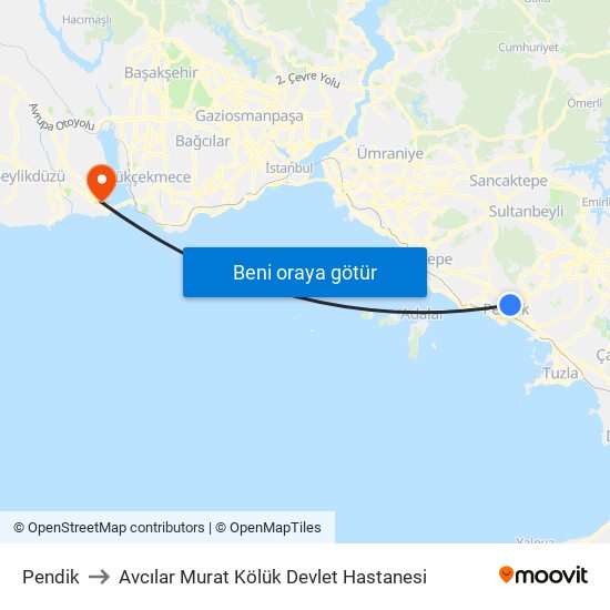 Pendik to Avcılar Murat Kölük Devlet Hastanesi map