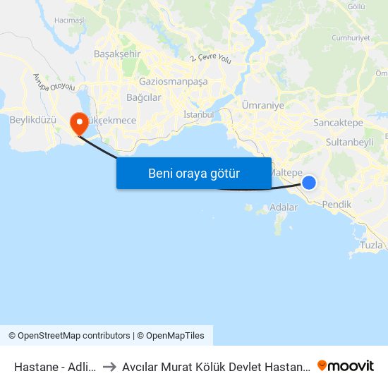 Hastane - Adliye to Avcılar Murat Kölük Devlet Hastanesi map