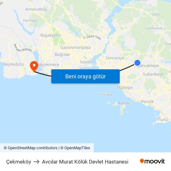 Çekmeköy to Avcılar Murat Kölük Devlet Hastanesi map