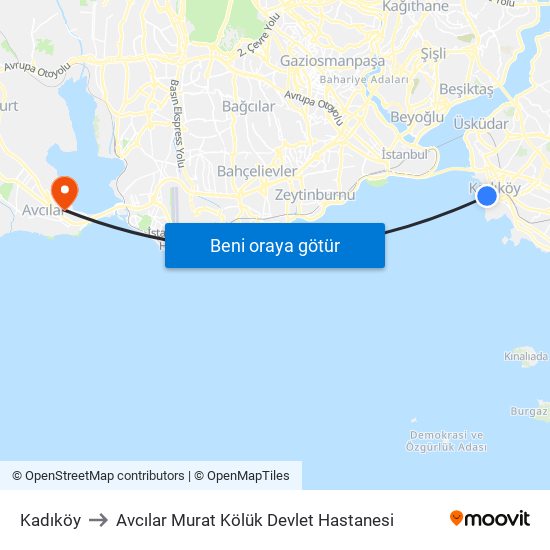 Kadıköy to Avcılar Murat Kölük Devlet Hastanesi map