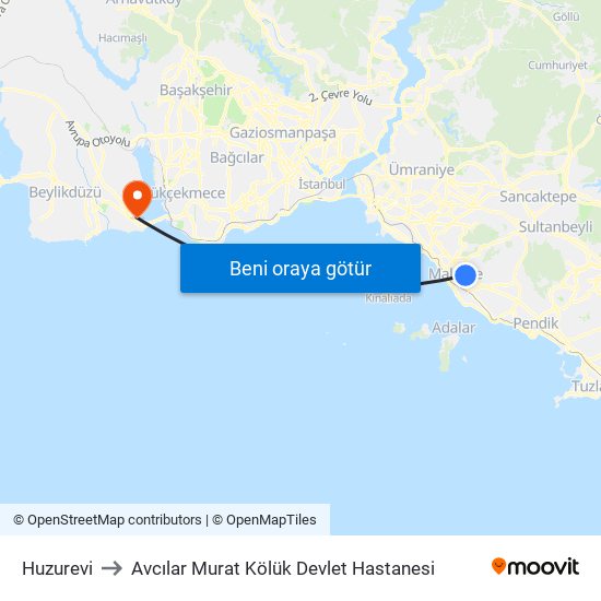 Huzurevi to Avcılar Murat Kölük Devlet Hastanesi map